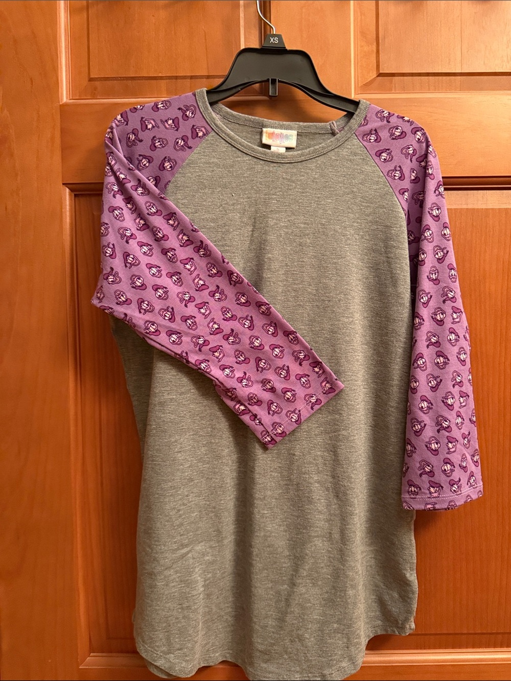 LuLaRoe Girls Grey Raglan with Purple Donald Duck Sleeves